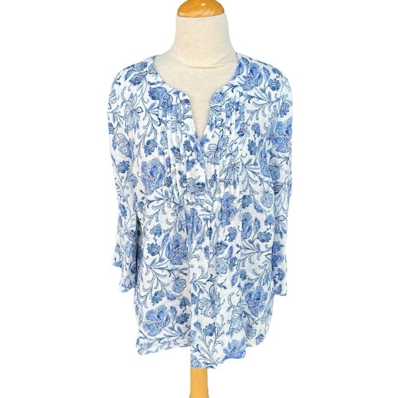 J. Jill Pintucked Printed Linen Popover White Mosaic Jacobean Bell Sleeves Small - Picture 2 of 10